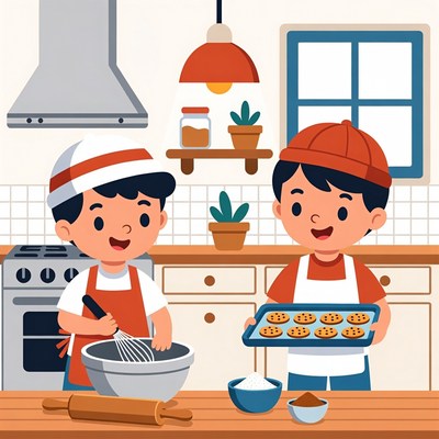 Boys baking cookies in kitchen