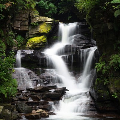 Waterfall cascading over mossy rocks