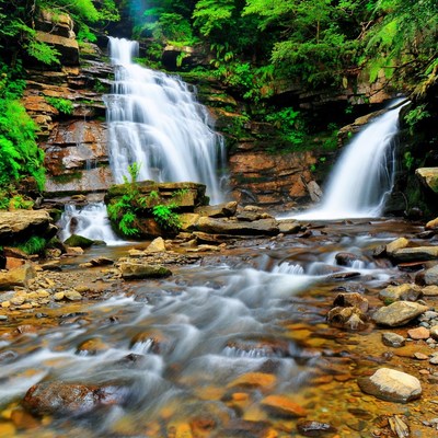 Majestic waterfall cascading in lush forest