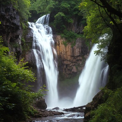 Majestic Double Waterfall in Lush Forest