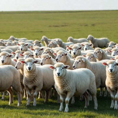 Herd of sheep grazing in green field