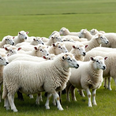 Herd of white sheep in green pasture