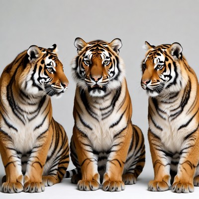 Three Tigers on Gray Background