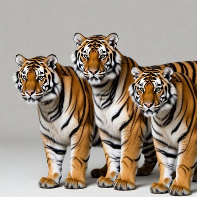 Three Tigers Standing on Gray Background