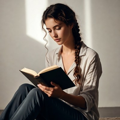 Woman reading book with braided hair