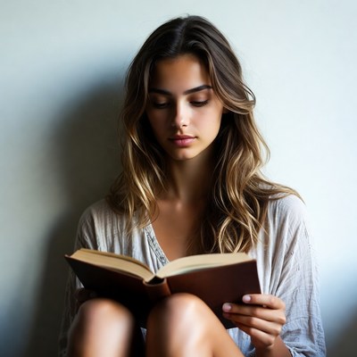 Woman reading book on floor