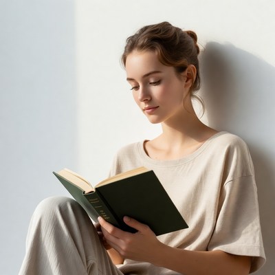 Young woman reading book against wall
