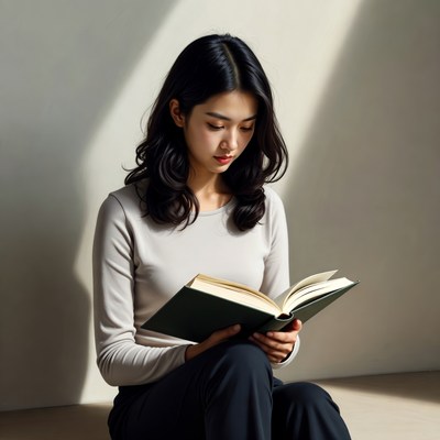 Asian woman reading book in sunlight