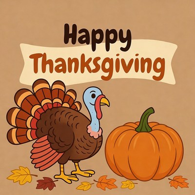 Cartoon Turkey with Pumpkin Happy Thanksgiving