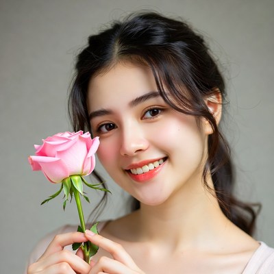 Asian woman holding pink rose