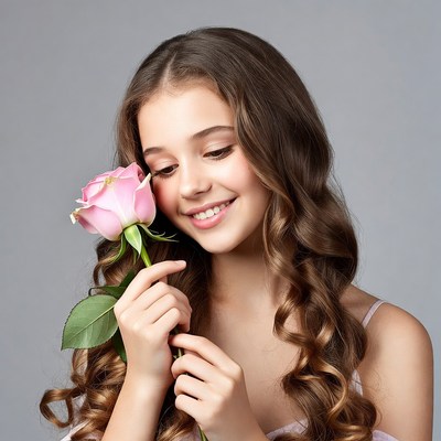Girl holding pink rose