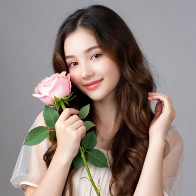Asian woman holding pink rose