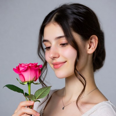 Young woman smelling pink rose