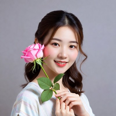 Asian woman holding pink rose