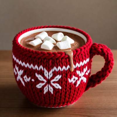 Red Knitted Mug with Hot Chocolate Marshmallows
