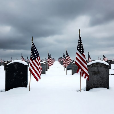 American Flags on Snowy Graves