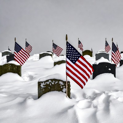 American Flags on Snowy Graves