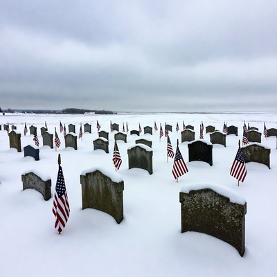 American Flags on Snowy Cemetery Graves