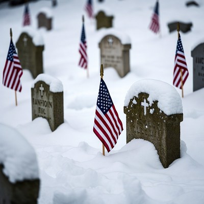 American Flags on Snowy Graves