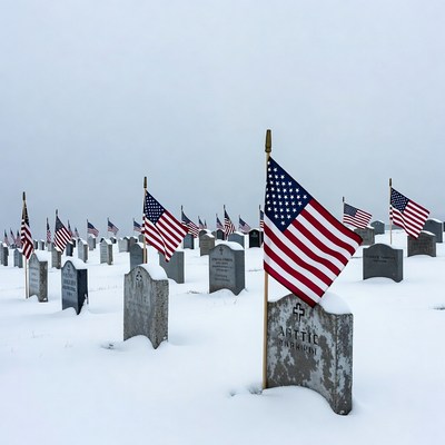 American Flags on Snowy Graves