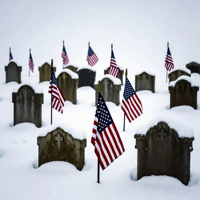 American Flags on Snowy Graves