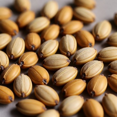 Golden rice grains on gray surface