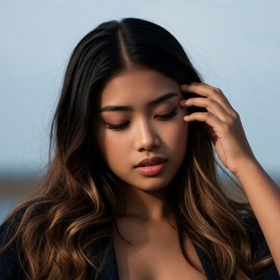 Asian woman touching forehead thoughtfully