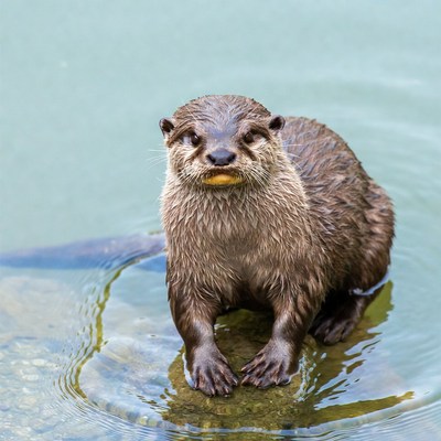 Cute otter holding fish in water