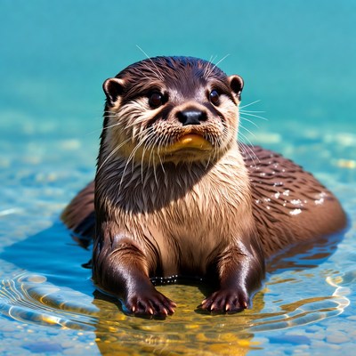 Cute otter floating in blue water