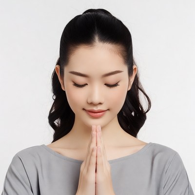 Asian woman praying with hands together