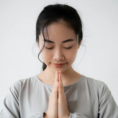 Asian woman praying with hands together