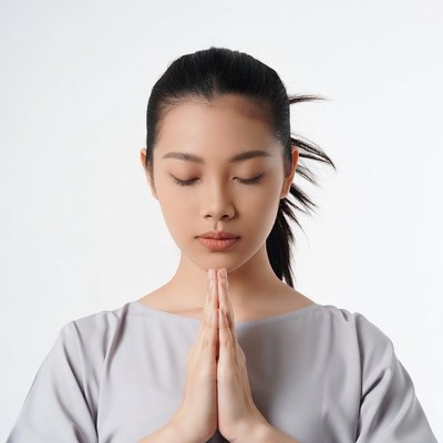 Asian woman praying with hands together
