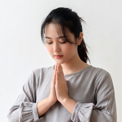 Asian woman praying with hands together
