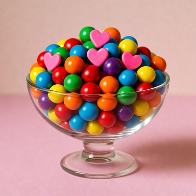 Colorful Candy Hearts in Glass Bowl