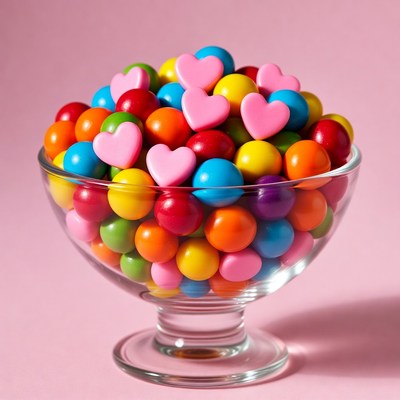Colorful Candy Hearts in Glass Bowl