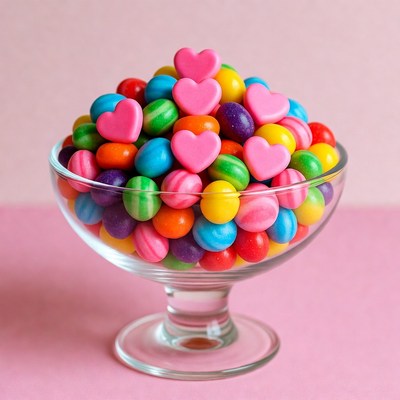 Colorful Candy Hearts in Glass Bowl