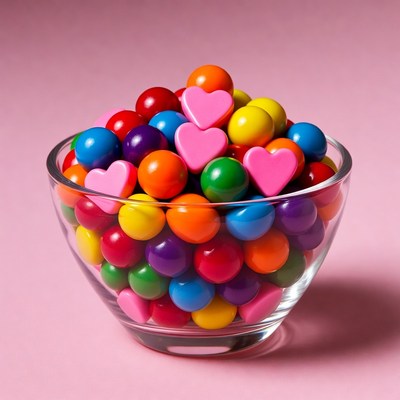 Colorful Candy Hearts in Glass Bowl