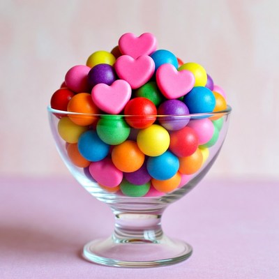 Colorful Candy Hearts in Glass Bowl