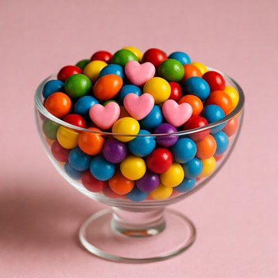 Colorful Candy Hearts in Glass Bowl
