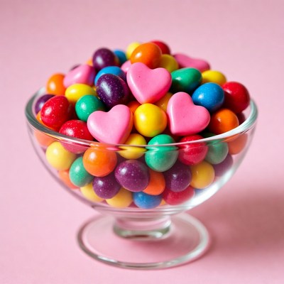 Colorful Candy Hearts in Glass Bowl