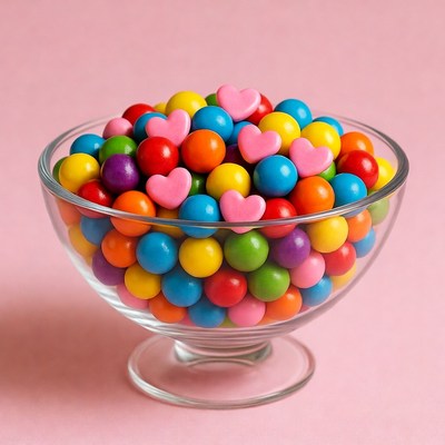 Colorful Candy Hearts in Glass Bowl