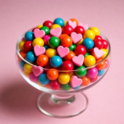 Colorful Candy Hearts in Glass Bowl