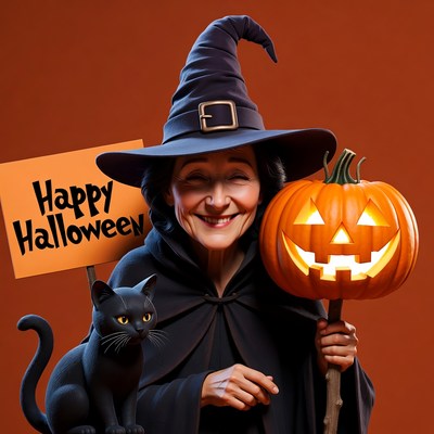 Smiling Witch Holding Happy Halloween Sign