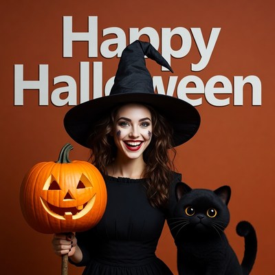 Woman in Witch Hat with Pumpkin and Cat