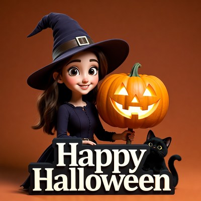 Cartoon Witch Girl with Pumpkin and Cat