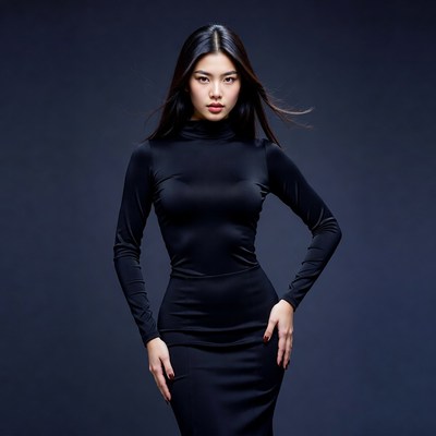 Asian woman in black turtleneck dress
