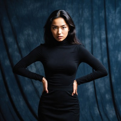Asian woman in black turtleneck dress