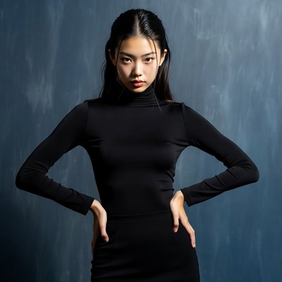 Asian woman in black turtleneck posing