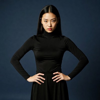 Asian woman in black turtleneck dress
