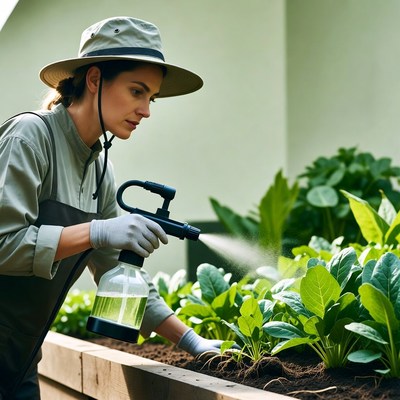 Woman spraying plants in garden